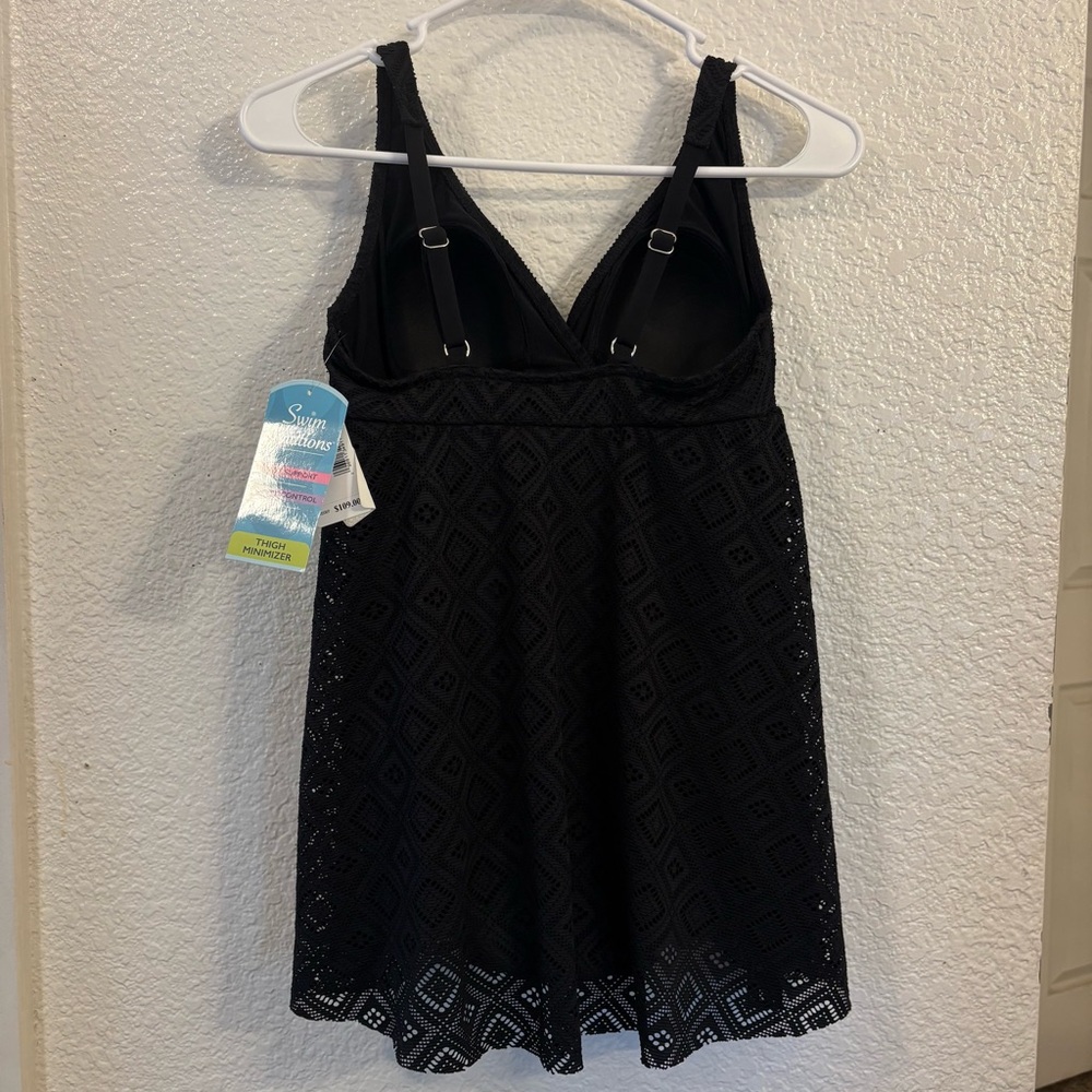 Swim Solutions Black Crochet Flyaway Tummy Control Swimdress Women Size 8 - Picture 7 of 11